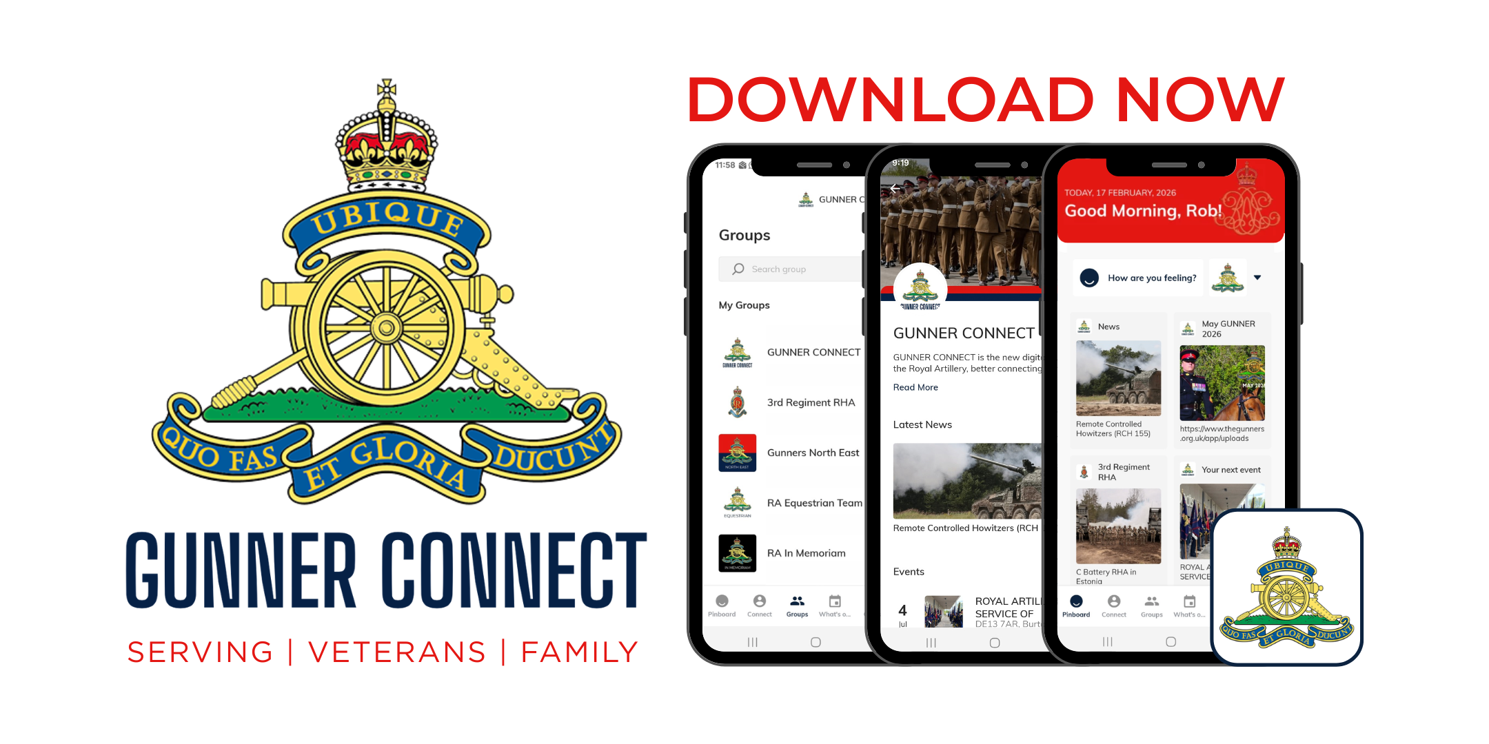The Artillery cap badge and an illustration of the Gunner Connect app on a smartphone